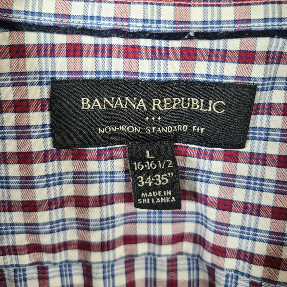 Banana Republic Shirt Mens L 34-35 Red White Blue Plaid Non‎ Iron Standard Fit